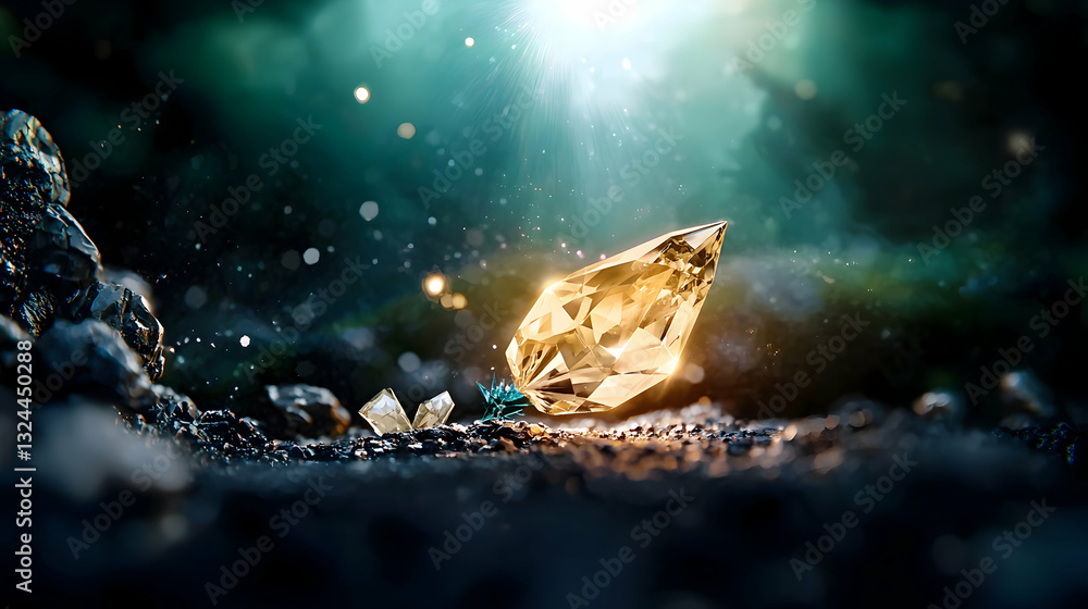 A large crystal rests on the ground surrounded by rocks and light A large crystal rests on the ground surrounded by rocks and light