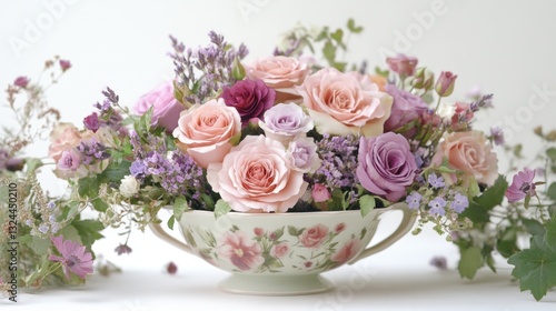 A whimsical pastel-colored teacup overflows with blooming roses in shades of pink and lavender, surrounded by lush mint green foliage for a charming floral delight