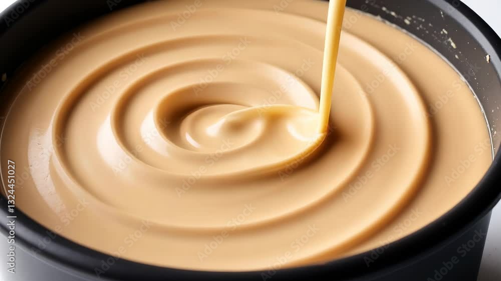 Smooth chocolate spread and swirling vortex of caramel pouring into a bowl Smooth chocolate spread and swirling vortex of caramel pouring into a bowl