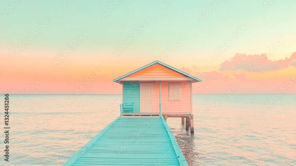 A serene seaside pier in pastel tones of peach, light blue, and soft yellow, embodying the tranquility of a coastal retreat on a calm summer day A serene seaside pier in pastel tones of peach, light blue, and soft yellow, embodying the tranquility of a coastal retreat on a calm summer day