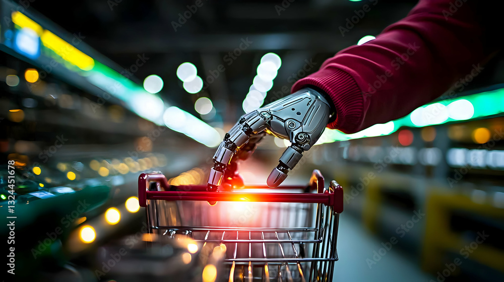 A robotic hand holding a shopping cart inside a store aisle