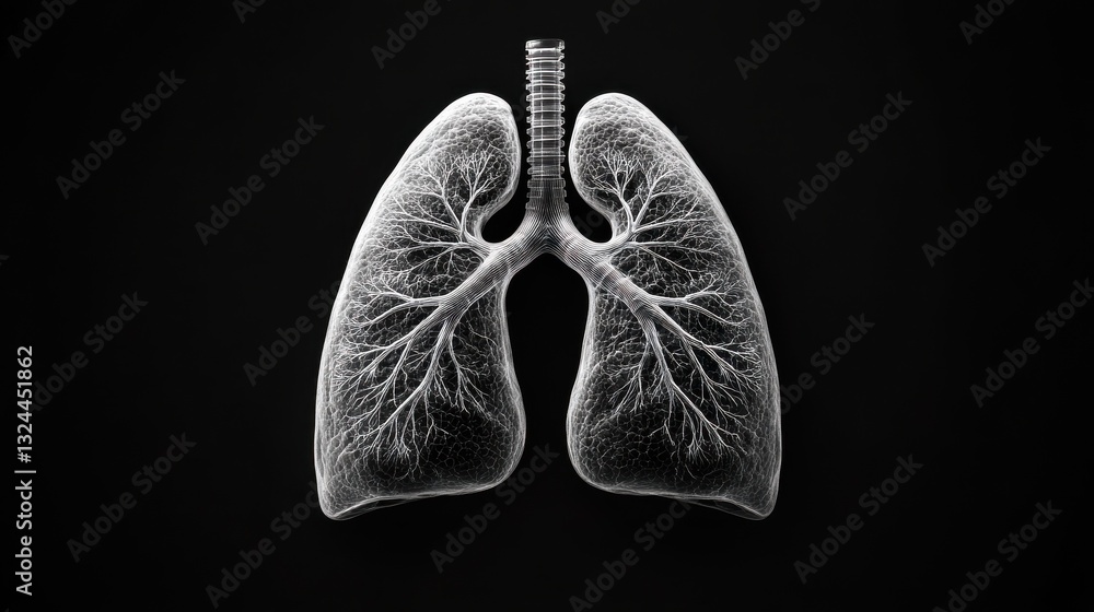 Human-like Lung Organ on Black Background , Respiratory System, Monochrome Anatomical Lung On Black Background Human-like Lung Organ on Black Background , Respiratory System, Monochrome Anatomical Lung On Black Background