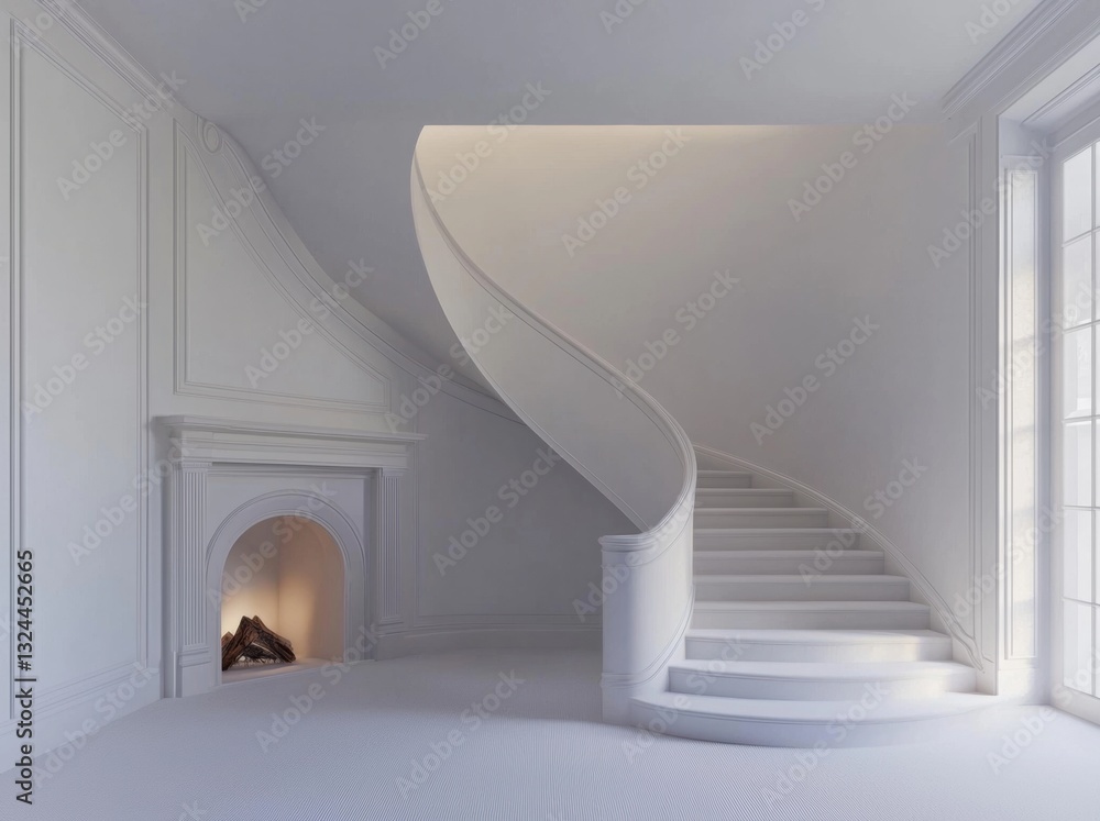 Fototapeta premium Minimalist Interior with Spiral Staircase and Fireplace