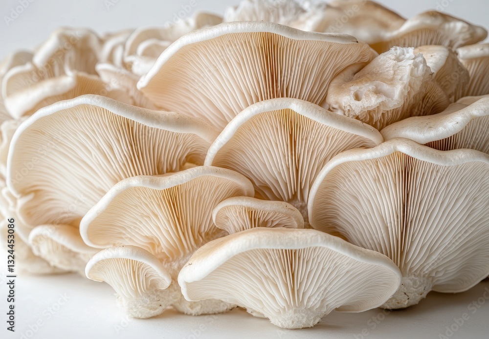 Close-Up of Fresh White Oyster Mushrooms with Delicate Gills and Soft Textures Against a Plain Background for Culinary and Nature Photography Close-Up of Fresh White Oyster Mushrooms with Delicate Gills and Soft Textures Against a Plain Background for Culinary and Nature Photography