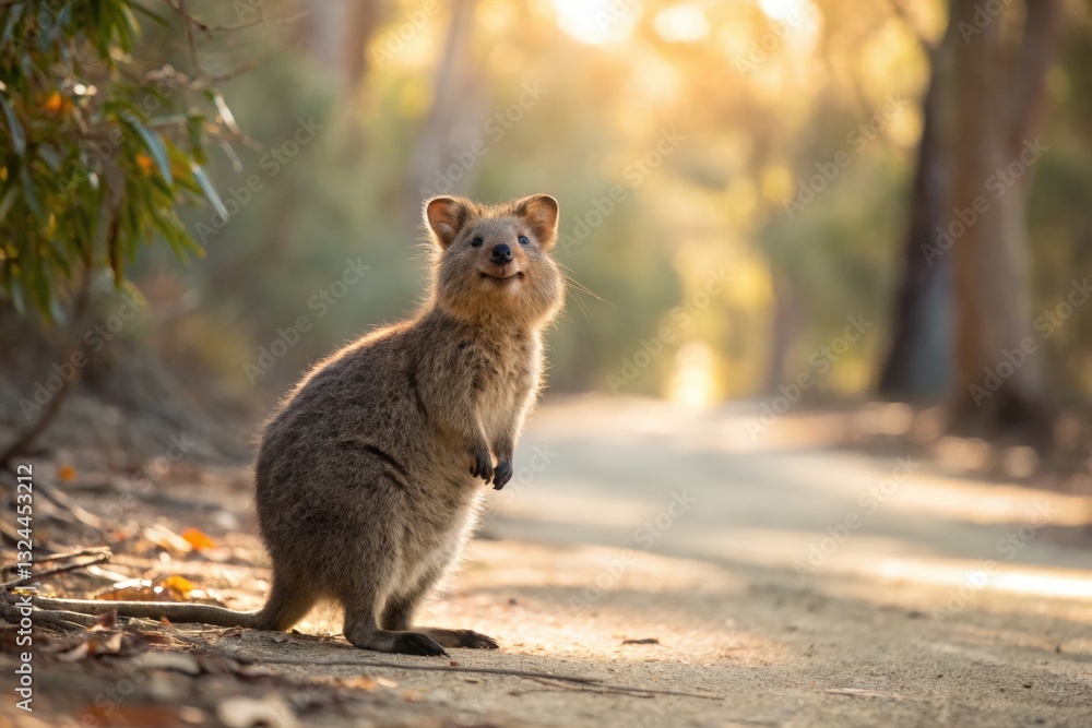 Naklejka premium Playful quokka encounter rottnest island wildlife photography natural environment close-up perspective captivating animal behavior