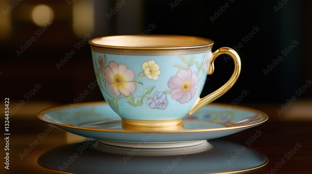 Fototapeta premium A pastel-colored teacup set on a saucer features intricate floral designs in light blue, soft yellow, and lavender, enhancing the delicate and elegant aesthetic