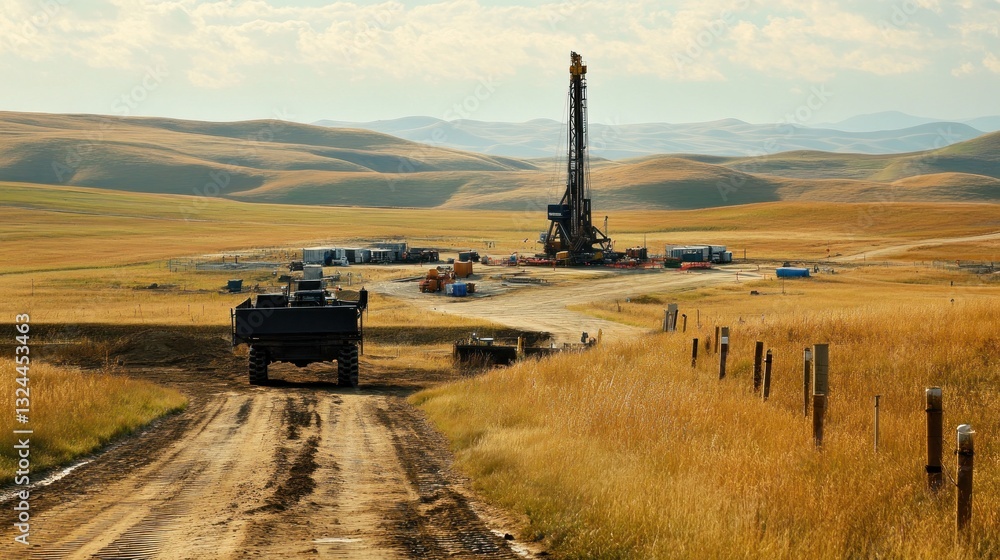 Fototapeta premium Drilling rig in a rural landscape.