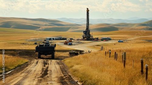 Drilling rig in a rural landscape.