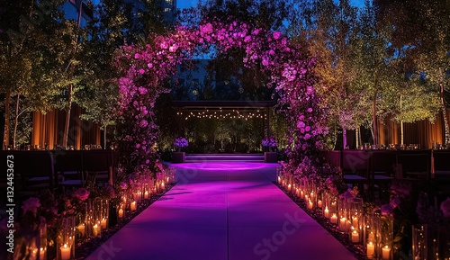 An archway with flowers and purple lights in the background, wedding ceremony decor with an open area