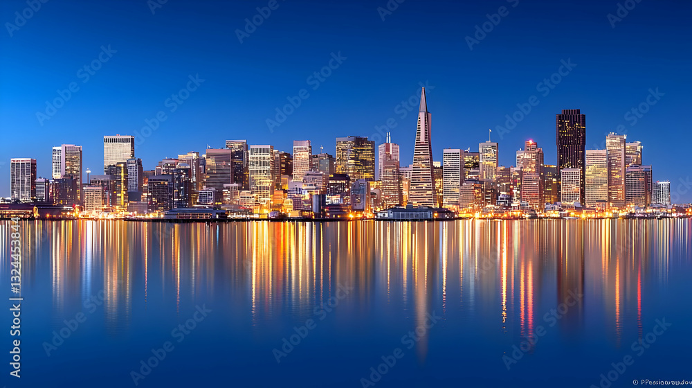 Naklejka premium Panoramic City Skyline At Night With Illuminated Buildings Reflected In Tranquil Water Under A Blue Sky