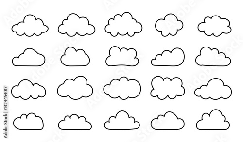 Doodle fluffy clouds. Flat outline clouds. Puffy, cumulus clouds shapes. Cloudy forms simple mockups. Weather element minimalist templates. Objects cloudscape layouts. Hand drawn black cute icons.