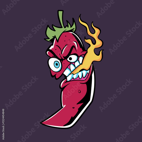 Cartoon vector illustration of a spicy angry chili pepper breathing fire, 