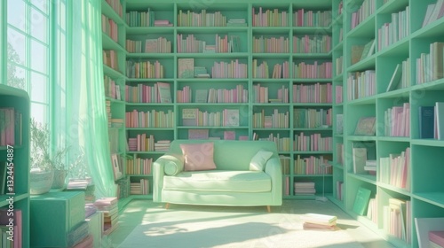 A cozy pastel bookstore filled with shelves of mint green, lavender, and light pink books, creating a serene space perfect for leisurely browsing