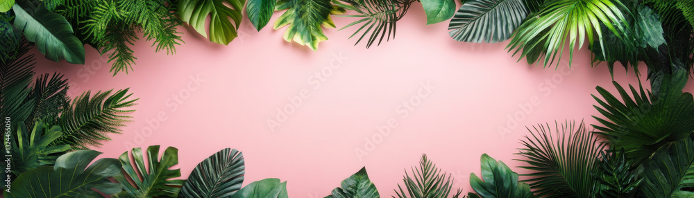 Tropical leaves frame on pink background, vibrant and fresh,Illustration Summer Blank Background For Copy Space For Text Tropical leaves frame on pink background, vibrant and fresh,Illustration Summer Blank Background For Copy Space For Text