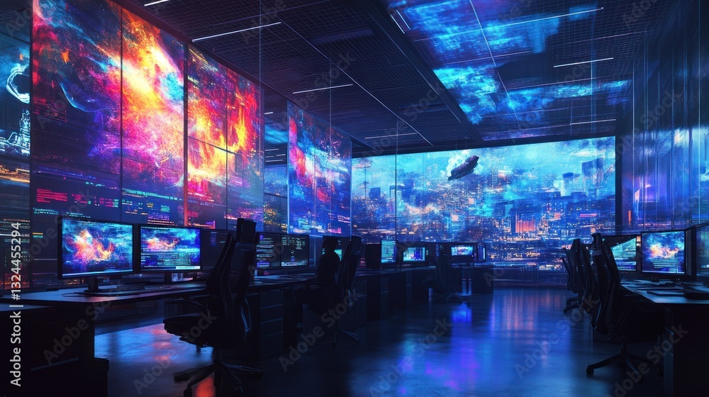 Futuristic control room with vibrant displays and multiple workstations. Futuristic control room with vibrant displays and multiple workstations.