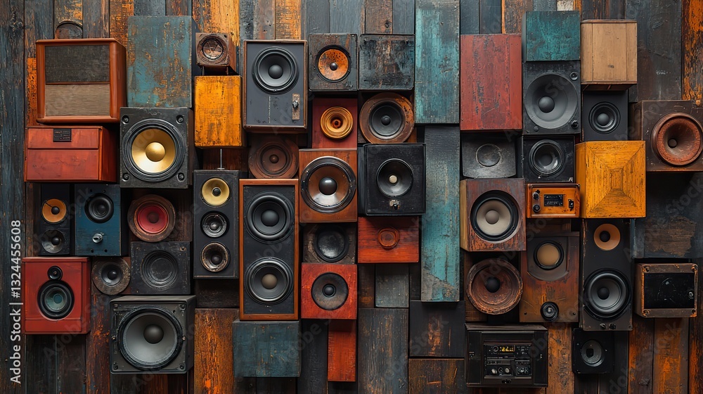 Obraz premium A visually captivating wall of diverse vintage audio speakers suggests a powerful sound system for music enthusiasts and audiophiles.