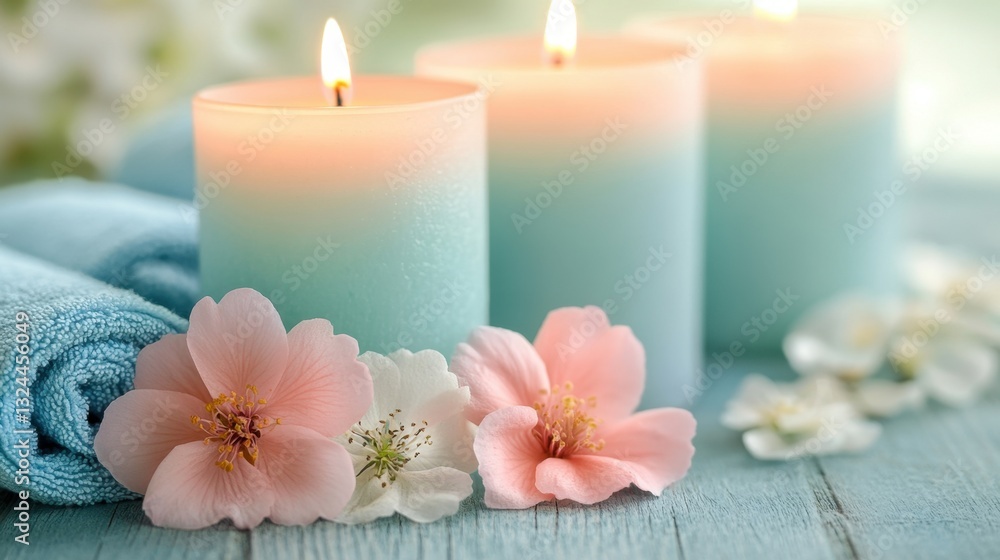 A soothing pastel spa retreat with softly lit candles in light blue, peach, and mint green, creating a calm and rejuvenating sanctuary A soothing pastel spa retreat with softly lit candles in light blue, peach, and mint green, creating a calm and rejuvenating sanctuary
