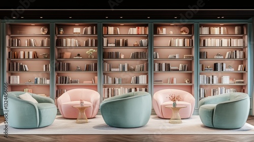 A serene pastel library featuring shelves filled with books, soft pink and light blue reading nooks, and mint green accents for a cozy reading retreat
