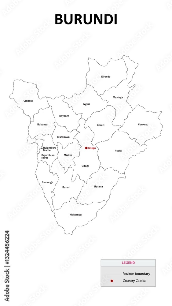 Obraz premium Burundi Map. State and district map of Burundi. Administrative map of Burundi with states and boundaries in white color.