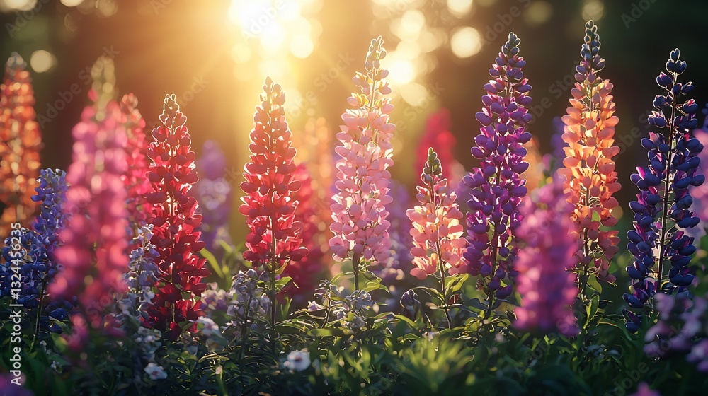Obraz premium Vibrant Field of Colorful Lupins Under Golden Sunset with Soft Focus Background