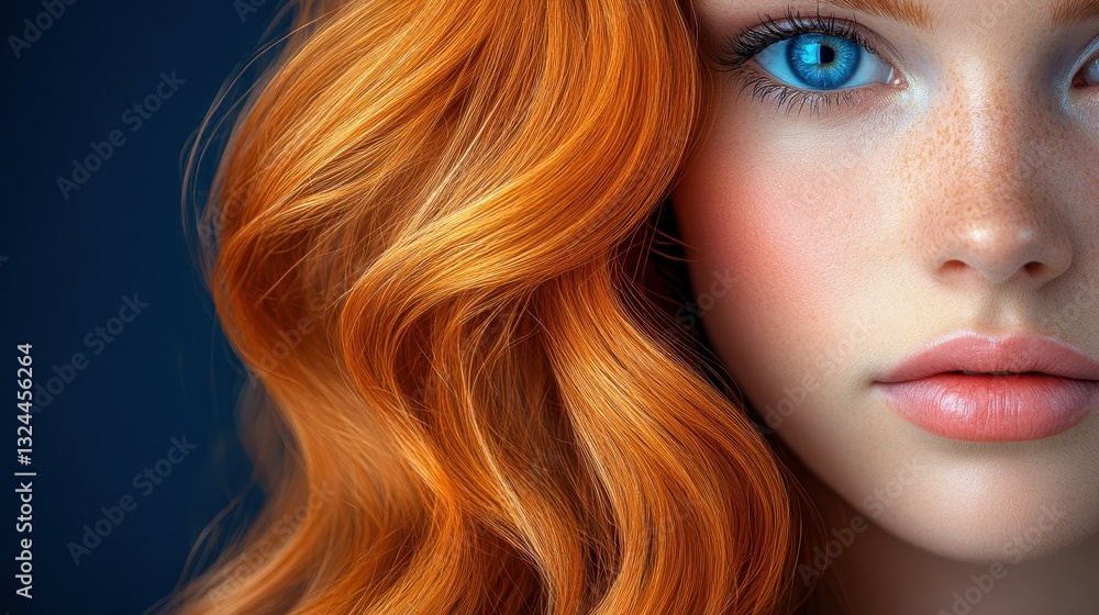 Fototapeta premium A woman with red hair and blue eyes. Her hair is long and wavy. She has a pinkish tint to her lips