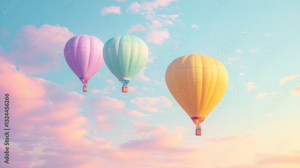 Fototapeta premium A whimsical balloon festival features pastel hot air balloons in soft yellow, lavender, and mint green soaring across a dreamy pastel sky