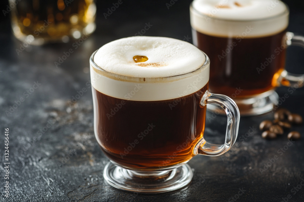 Irish coffee with foam and a drop of whiskey Irish coffee with foam and a drop of whiskey