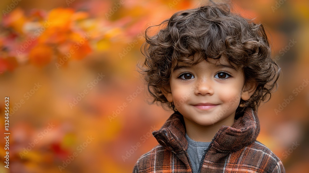 Fototapeta premium A young boy with brown hair and a brown jacket. He is smiling. The jacket is plaid