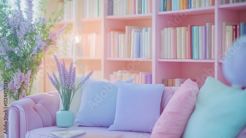 A cozy reading nook featuring pastel-colored bookshelves filled with lavender, light blue, and peach books, creating a tranquil and inviting atmosphere for relaxation