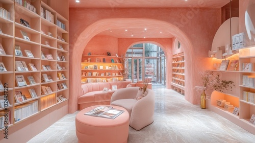 A charming pastel bookstore filled with cozy reading nooks and shelves of soft-colored books, creating a tranquil atmosphere for book lovers
