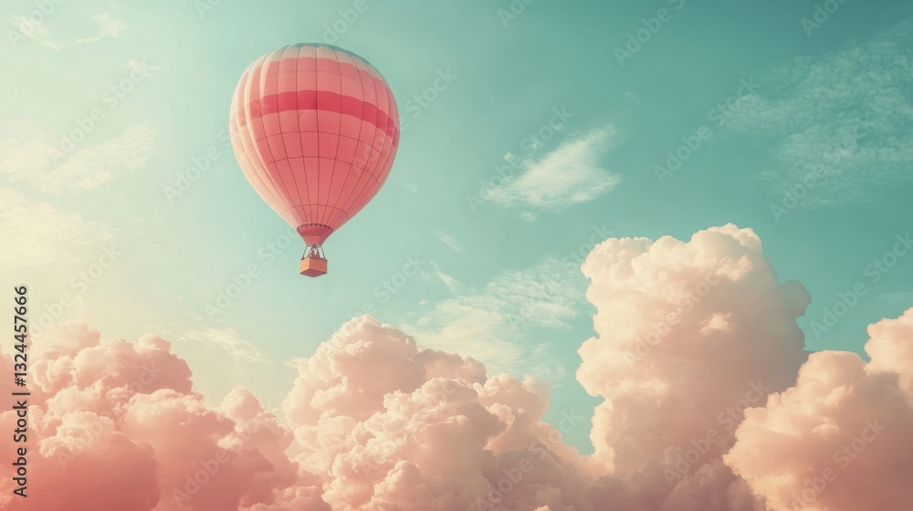 Fototapeta premium A dreamy pastel hot air balloon glides gracefully through a soft sky filled with fluffy clouds in shades of pink, light blue, and yellow