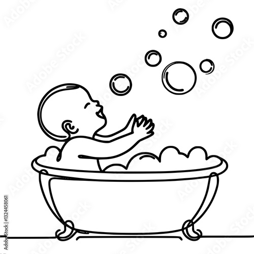 Contented child sitting in bathtub full of foam and reaching with both hands to big soap bubbles, single line vector outline drawing