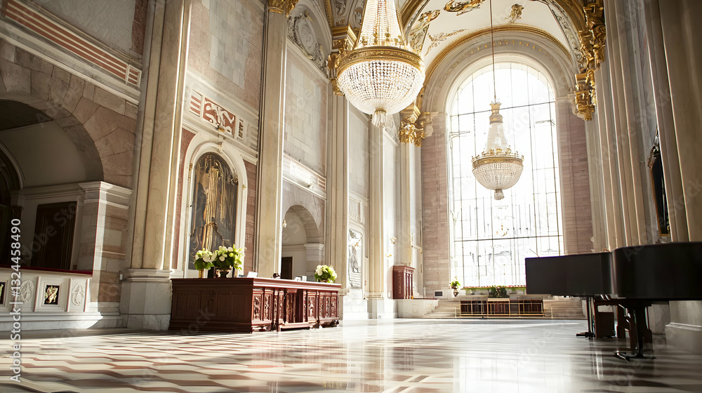Fototapeta premium An elegant grand interior church space featuring a beautiful piano