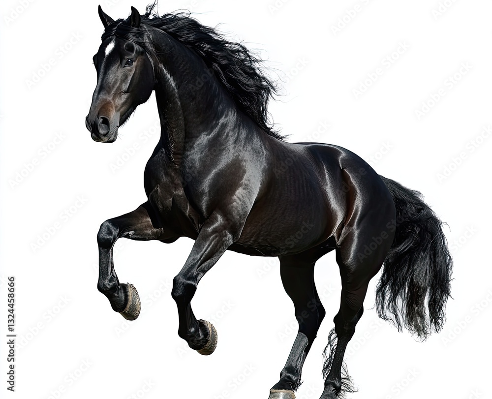 Black Andalusian horse rearing, set alone on a white background Black Andalusian horse rearing, set alone on a white background