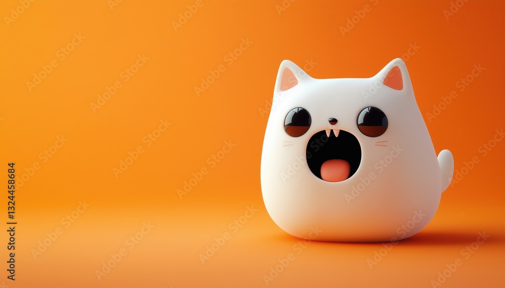 Obraz premium Adorable Spooky White Ghost Spirit Cat: Boo! Kawaii Art Featuring An Open-Mouthed Ghost With Cat Ears And Big Black Eyes. Halloween Greeting Card On Orange Background.