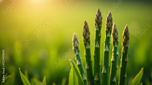 Close-up of asparagus spears reaching towards the sunlight in a lush green field