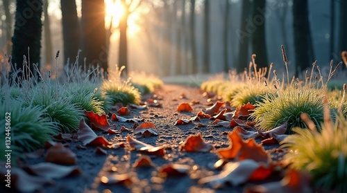 Frosty path covered with autumn leaves and morning sunlight filtering through trees