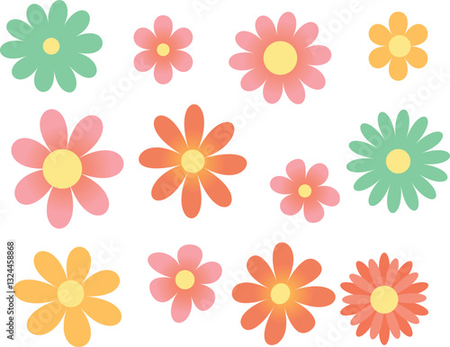 Beautiful romantic flower collection with flower compositions, simple flower.Hippy groovy daisy flowers set. Retro vintage style, hand drawn decorative elements.Flat hand drawn vector collection