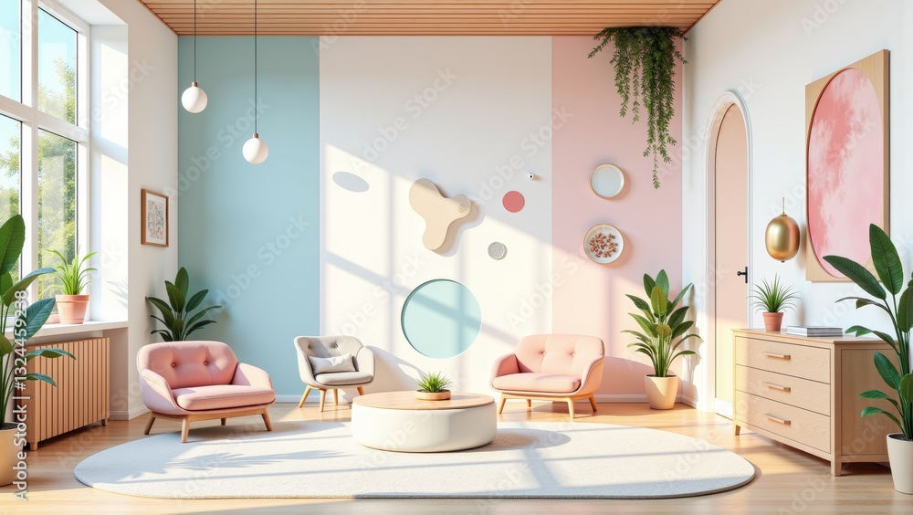 Fototapeta premium Stylish interior showcasing modern furniture and decor in bright pastel colors, perfect for creative quest studio. Concept embraces fresh aesthetics and inviting atmosphere