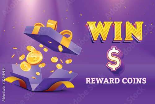 Gift Box Open With Reward Dollar Gold Coins Falling Out On Purple Background. Vector Illustration Concept for Discount Sale, Shopping Save, Cashback Rewards