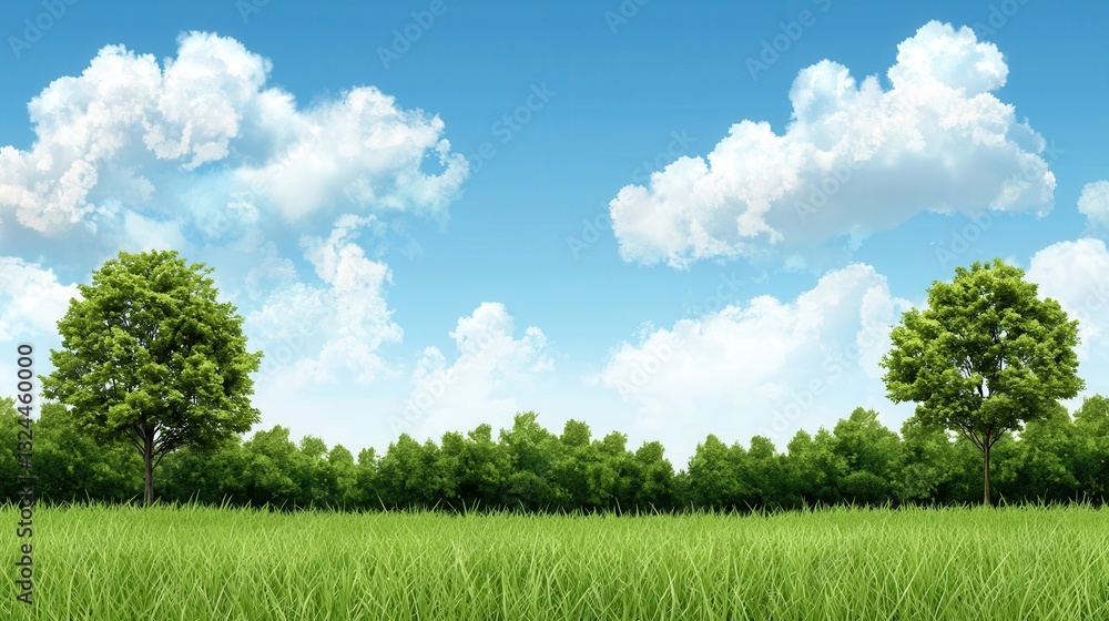 Obraz premium Lush green grasslands serene nature scene illustrative landscape bright blue sky panoramic view tranquil environment