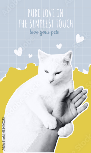 Cute cat holding human hand, halftone collage