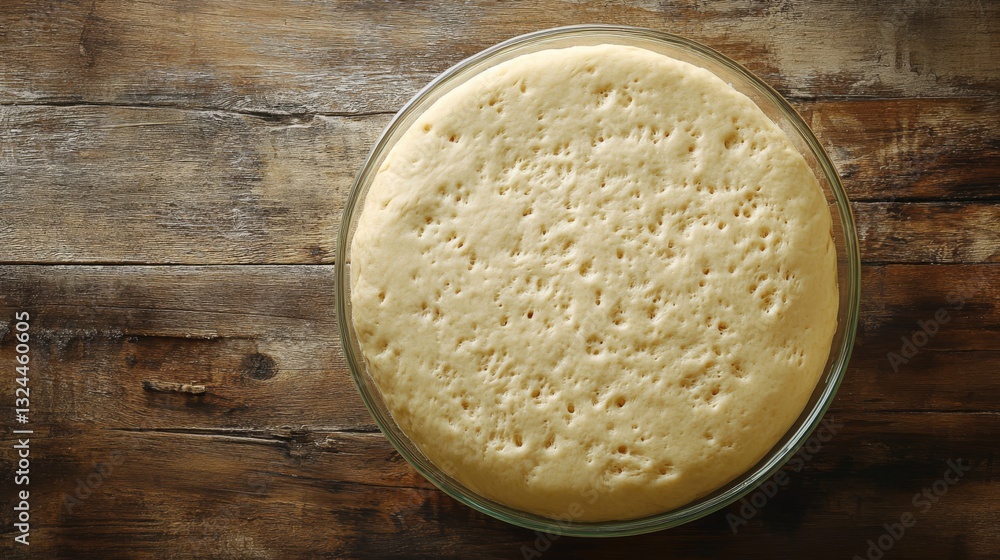 Freshly Prepared Dough Rising in Glass Bowl on Wooden Surface Freshly Prepared Dough Rising in Glass Bowl on Wooden Surface