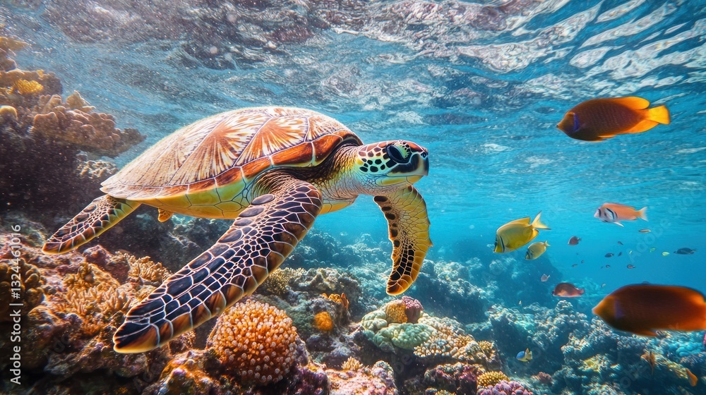 Sea Turtle's serene journey through a vibrant underwater coral reef environment Sea Turtle's serene journey through a vibrant underwater coral reef environment