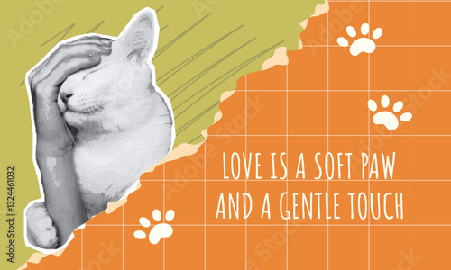 Cat Enjoying Gentle Head Caress with Warm Design Elements, halftone collage with torn paper