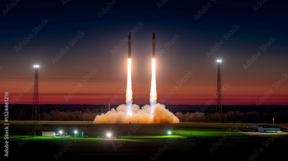 Two rockets ascending into the early twilight sky