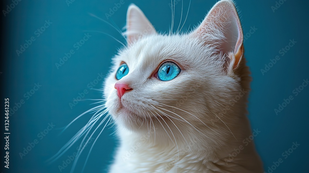 Against vibrant blue backdrop, white cat with pink nose and bright blue eyes captures feline curiosity and delicate features. Against vibrant blue backdrop, white cat with pink nose and bright blue eyes captures feline curiosity and delicate features.
