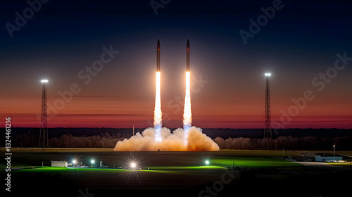 Two rockets ascending into the early twilight sky