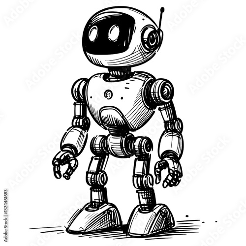 A robotic assistant helping a person drawing line art of AI robot ink sketch vector hand drawn illustration background