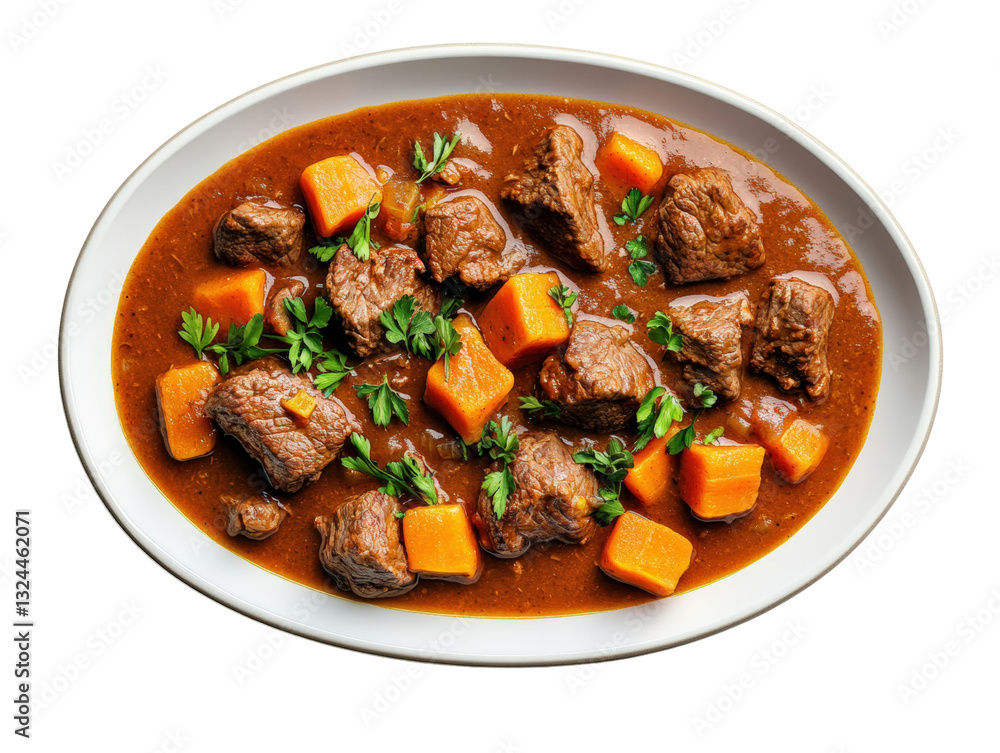 Hearty bowl of stew filled with tender meat and fresh carrots perfectly crafted for a comforting and satisfying meal isolated on a white background. Hearty bowl of stew filled with tender meat and fresh carrots perfectly crafted for a comforting and satisfying meal isolated on a white background.
